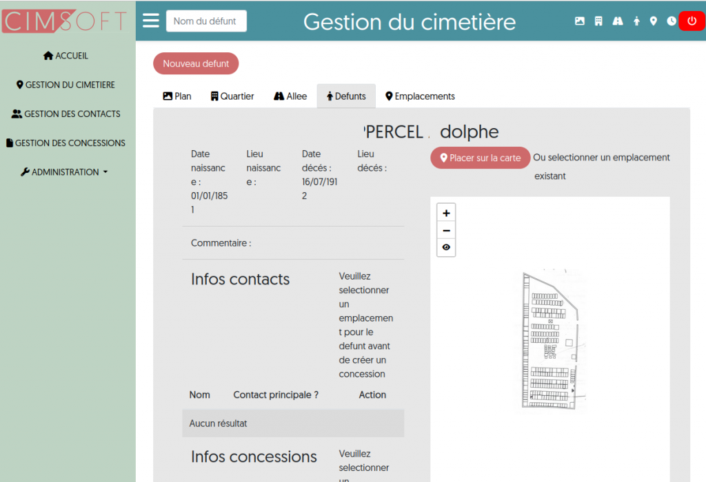 Fiche défunt - Ecran de gestion d'une concession cimetière municipal